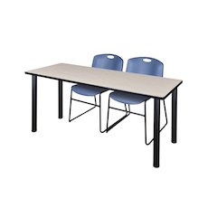 66 x 24 in. Training Table- Maple Top, Black Legs & 2 Zeng Chairs- Blue