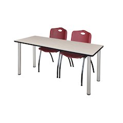 66 x 24 in. Training Table- Maple Top, Chrome Legs & 2 M Stack Chairs- Burgundy