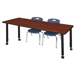 66x30 Mobile Adjustable Classroom Table- Cherry & 2 Andy 12 Stack Chairs- Blue