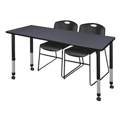 66 x 30 in. Mobile Adjustable Classroom Table- Grey & 2 Zeng Stack Chairs- Black