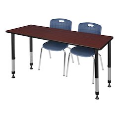 66x30 Adjustable Classroom Table- Mahogany & 2 Andy 18 Stack Chairs- Blue
