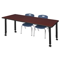 66x30 Mobile Adjustable Classroom Table- Mahogany & 2 Andy 12 Stack Chairs- Blue