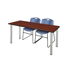 72 x 24 in. Training Table- Cherry Top, Chrome Legs & 2 Zeng Chairs- Blue