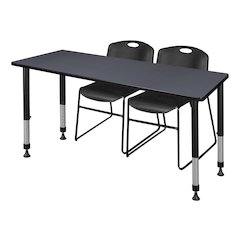 72 x 24 in. Adjustable Classroom Table- Grey & 2 Zeng Stack Chairs- Black