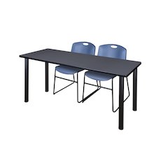 72 x 24 in. Training Table- Grey Top, Black Legs & 2 Zeng Chairs- Blue
