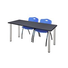 72 x 24 in. Training Table- Grey Top, Chrome Legs & 2 M Stack Chairs- Blue