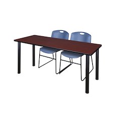 72 x 24 in. Training Table- Mahogany Top, Black Legs & 2 Zeng Chairs- Blue
