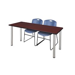 72 x 24 in. Training Table- Mahogany Top, Chrome Legs & 2 Zeng Chairs- Blue