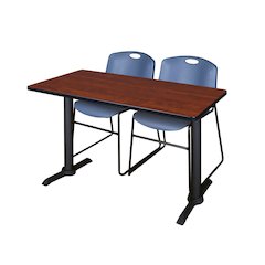 48 x 24 in. T-Base Training Seminar Table- Cherry & 2 Zeng Stack Chairs- Blue