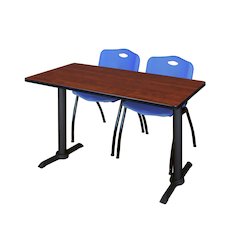 48 x 24 in. T-Base Training Seminar Table- Cherry & 2 M Stack Chairs- Blue