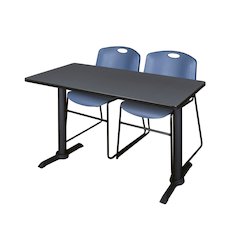 48 x 24 in. T-Base Training Seminar Table- Grey & 2 Zeng Stack Chairs- Blue