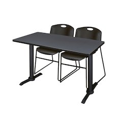 48 x 24 in. T-Base Training Seminar Table- Grey & 2 Zeng Stack Chairs- Black