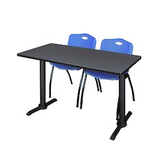 48 x 24 in. T-Base Training Seminar Table- Grey & 2 M Stack Chairs- Blue