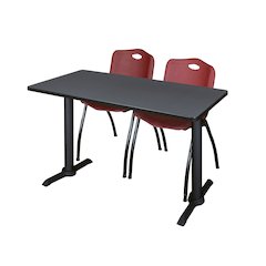 48 x 24 in. T-Base Training Seminar Table- Grey & 2 M Stack Chairs- Burgundy