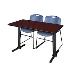 48 x 24 in. T-Base Training Seminar Table- Mahogany & 2 Zeng Stack Chairs- Blue