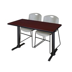 48 x 24 in. T-Base Training Seminar Table- Mahogany & 2 Zeng Stack Chairs- Grey
