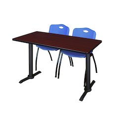 48 x 24 in. T-Base Training Seminar Table- Mahogany & 2 M Stack Chairs- Blue