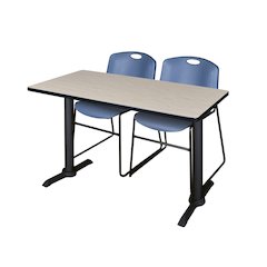 48 x 24 in. T-Base Training Seminar Table- Maple & 2 Zeng Stack Chairs- Blue