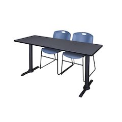 60 x 24 in. T-Base Training Seminar Table- Grey & 2 Zeng Stack Chairs- Blue
