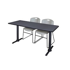 60 x 24 in. T-Base Training Seminar Table- Grey & 2 Zeng Stack Chairs- Grey