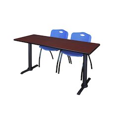 60 x 24 in. T-Base Training Seminar Table- Mahogany & 2 M Stack Chairs- Blue