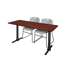 66 x 24 in. T-Base Training Seminar Table- Cherry & 2 Zeng Stack Chairs- Grey