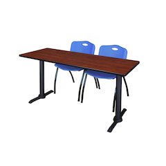 66 x 24 in. T-Base Training Seminar Table- Cherry & 2 M Stack Chairs- Blue