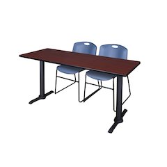 66 x 24 in. T-Base Training Seminar Table- Mahogany & 2 Zeng Stack Chairs- Blue