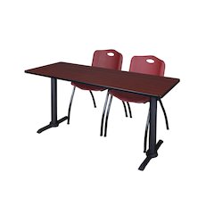 66 x 24 in. T-Base Training Seminar Table- Mahogany & 2 M Stack Chairs- Burgundy