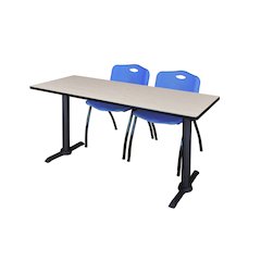 72 x 24 in. T-Base Training Seminar Table- Maple & 2 M Stack Chairs- Blue