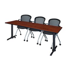 84 x 24 in. T-Base Training Seminar Table- Cherry & 3 Cadence Nesting Chairs