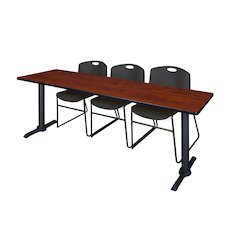 84 x 24 in. T-Base Training Seminar Table- Cherry & 3 Zeng Stack Chairs- Black