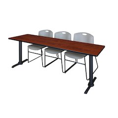 84 x 24 in. T-Base Training Seminar Table- Cherry & 3 Zeng Stack Chairs- Grey