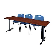84 x 24 in. T-Base Training Seminar Table- Cherry & 3 M Stack Chairs- Blue