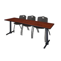 84 x 24 in. T-Base Training Seminar Table- Cherry & 3 M Stack Chairs- Black