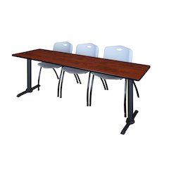 84 x 24 in. T-Base Training Seminar Table- Cherry & 3 M Stack Chairs- Grey