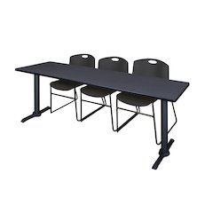 84 x 24 in. T-Base Training Seminar Table- Grey & 3 Zeng Stack Chairs- Black