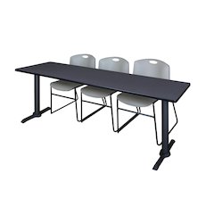 84 x 24 in. T-Base Training Seminar Table- Grey & 3 Zeng Stack Chairs- Grey
