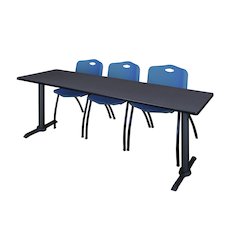 84 x 24 in. T-Base Training Seminar Table- Grey & 3 M Stack Chairs- Blue