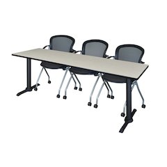 84 x 24 in. T-Base Training Seminar Table- Maple & 3 Cadence Nesting Chairs