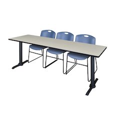 84 x 24 in. T-Base Training Seminar Table- Maple & 3 Zeng Stack Chairs- Blue