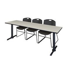 84 x 24 in. T-Base Training Seminar Table- Maple & 3 Zeng Stack Chairs- Black