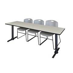 84 x 24 in. T-Base Training Seminar Table- Maple & 3 Zeng Stack Chairs- Grey
