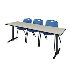 84 x 24 in. T-Base Training Seminar Table- Maple & 3 M Stack Chairs- Blue