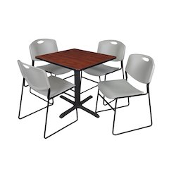 Small 30 in. Square X-Base Breakroom Table- Cherry & 4 Zeng Stack Chairs- Grey