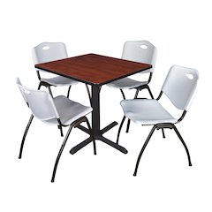 Small 30 in. Square X-Base Breakroom Table- Cherry & 4 M Stack Chairs- Grey