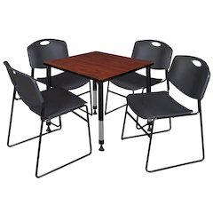 30 in. Square Adjustable Classroom Table- Cherry & 4 Zeng Stack Chairs- Black