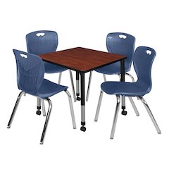 30 Square Mobile Classroom Table- Cherry & 4 Andy 18 Stack Chairs- Blue