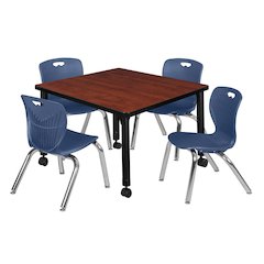 30 Square Mobile Classroom Table- Cherry & 4 Andy 12 Stack Chairs- Blue