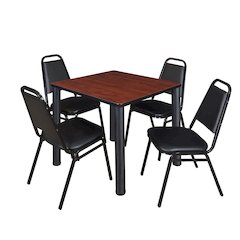 30 in Square Breakroom Table- Cherry Top, Black Legs, 4 Restaurant Stack Chairs